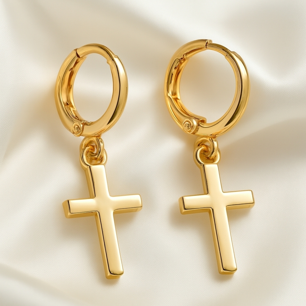 Minimalist Polished Gold Hoop Cross Drop Earrings | Faith Spiritual Jewelry
